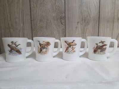 FIRE KING Game Bird COFFEE CUPS Milk Glass Lot 4: Pheasant-Grouse-Mallard-Goose - Image 1 of 4