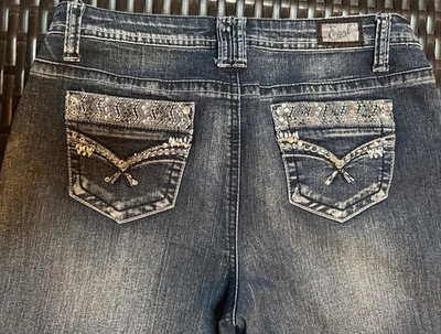 Earl Jean Denim Capri Rhinestone Embellishments Cuffed Size 8P EUC - Image 1 of 4