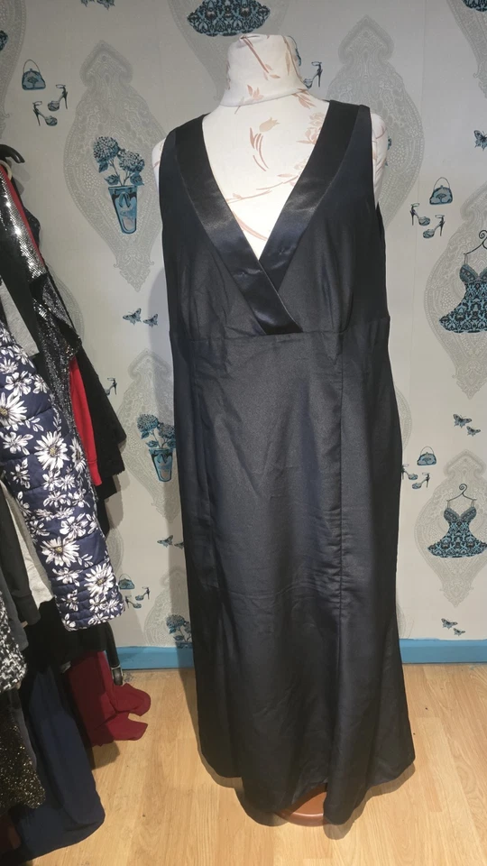 Elegant Black Satin Trim V Neck Maxi Evening Dress, Essence Evans, Size 24 - Image 1 of 4