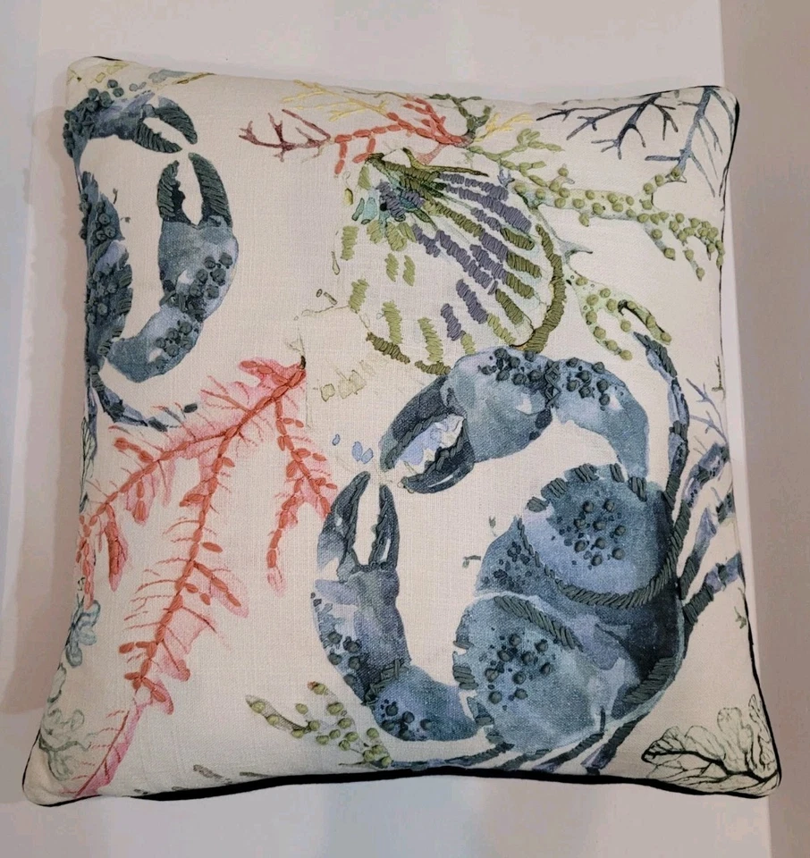 Envogue Coastal Embroidered Crab Coral Shells Linen Feather Filled Pillow 20x20" - Image 1 of 4