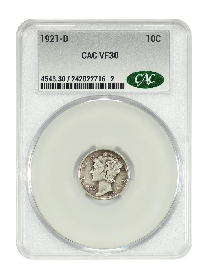 1921-D 10C CACG VF30 - Mercury Dime - Scarce Date - Image 1 of 4