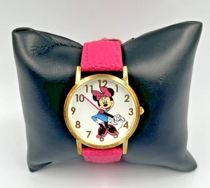 Disney Minnie Mouse Watch Women Silver Tone Skinny Pink Leather Band New Battery - Picture 1 of 6