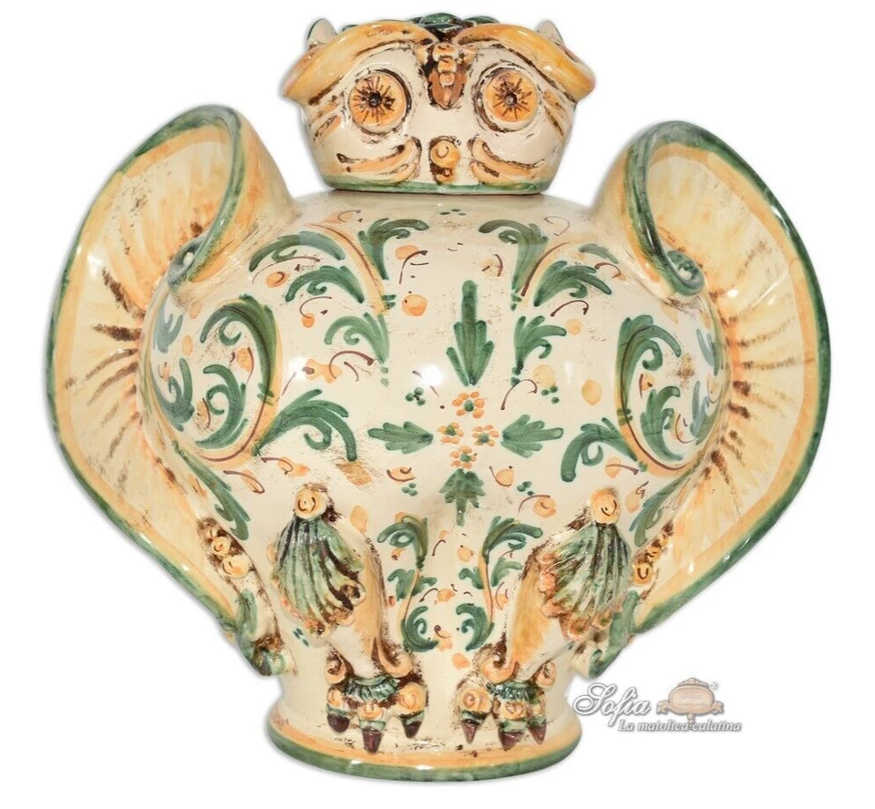 Statuetta Potiche Gufo  in Ceramica Siciliana Civetta Soprammobile Vaso Verde - Immagine 1 di 1