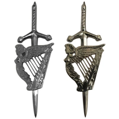 CC Scottish Kilt Pin Irish Harp Antique and Chrome Finish 4 inch Highland Kilt Pins