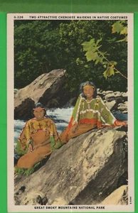 Vintage Indianer Indianer Postkarte 2 Cherokee Jungfrauen Smokey Mountains NC - Bild 1 von 4