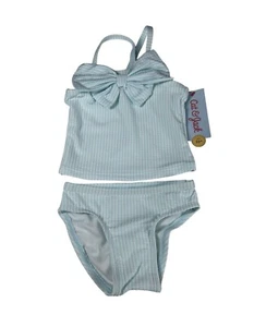 Cat & Jack Toddler Girls 2-Piece Tankini Swim Set 12M UPF 50+ Turquoise & White - Picture 1 of 6