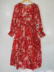 Time And Tru Women's Dress XL 16-18 Red Floral Smocked Tiered Ruffle V Neck NWT