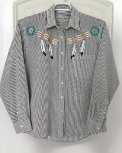 Western Grey Stripe Women’s M Las Olas Stripe Feathers Turquoise LS Shirt - Picture 1 of 11