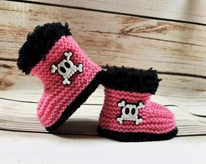 Baby Goth Emo Punk Hand Knitted Booties Boots Graffiti Skulls Gothic Girl 0-12M - Picture 1 of 20