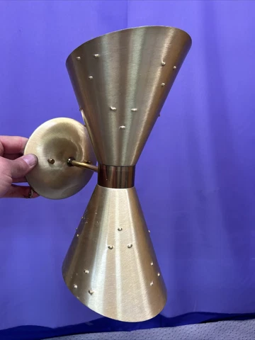 Mid Century modern atomic Eames era brushed gold 2 light wall sconce οΏΌMCM Cover