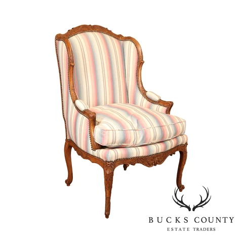 French Louis XV Custom Quality Carved Walnut Bergere Chair Cover