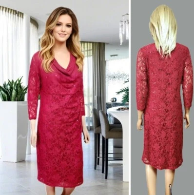 LAURA ASHLEY DRESS SIZE 14 RED LACE SEQUINED COWL NECK KNEE LENGTH GATHERED #11 - Image 1 of 4