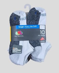 FRUIT OF THE LOOM Boys Socks No Show Cushioned 10 Pack Shoe Size 3-9 White 