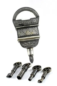 Antique Collectible Inlay Silver Work Iron Tricky Four Keys Padlock. G2-429 - Picture 1 of 12