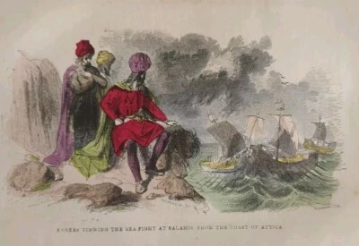 1857 Engraving,Xerxes Viewing The Sea Fight At Salamis From Attica Hand Colored  Foto 1 de 3