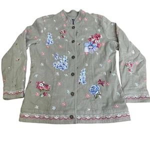 Denim & Co Medium Jacket Green Embroidered Floral Button Front Lined & Pockets - Picture 1 of 12