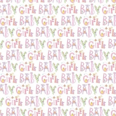 Fat Quarter Michael Miller Welcome Baby Girl Script Floral Animal Cotton Fabric - Image 1 of 3
