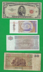 USA ( RED SEAL ) & MYANMAR 1953 - 1996 ~ 4 X PAPER MONEY LOT # 8890 (*-*) - Picture 1 of 2