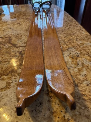 Wooden Nipple Tip Antique Skis 80 Inches With Cable Binding Wall Decor - Image 1 of 4