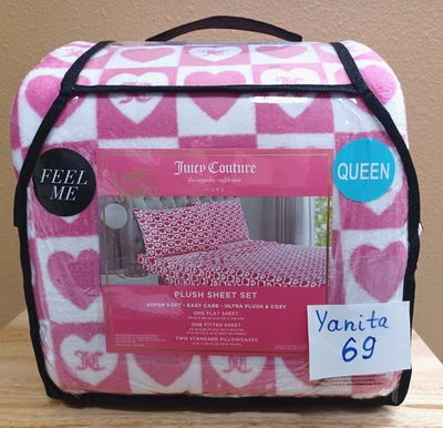 Juicy Couture Queen 4pc Soft Plush Sheet Set White & Pink Hearts/JC logos Print - Image 1 of 4