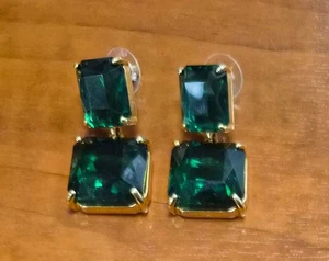 Gold Vermeil Sterling Silver Emerald Green CZ Pierced Dangle Statement Earrings - Picture 1 of 11