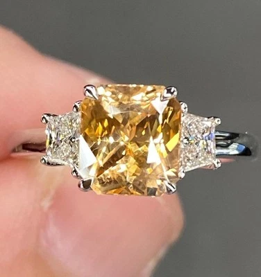 Anillo de boda de diamantes con zafiro naranja corte radiante de oro blanco... - Imagen 1 de 4