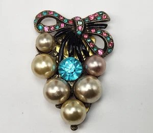 Vintage Art Deco Faux Pearl Multicolored Rhinestone Hinged Scarf Dress Clip - Picture 1 of 10