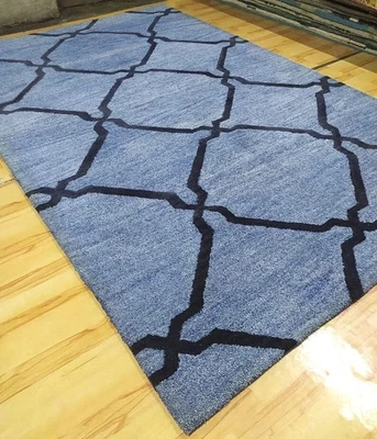 Handmade Blue & Charcoal Black Wool Hand Tufted Area Rug For Living Room Decor - Image 1 of 4