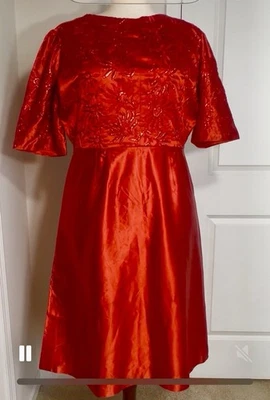 Vintage 1950s  Handmade Red Satin Dress:  Floral Party Dress, Size XL - Image 1 of 4