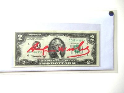 A. WARHOL: 2$ echte Dollarnote  Original Handsigniert mit ZERTIFIKAT, FARBE ROT - Bild 1 von 4