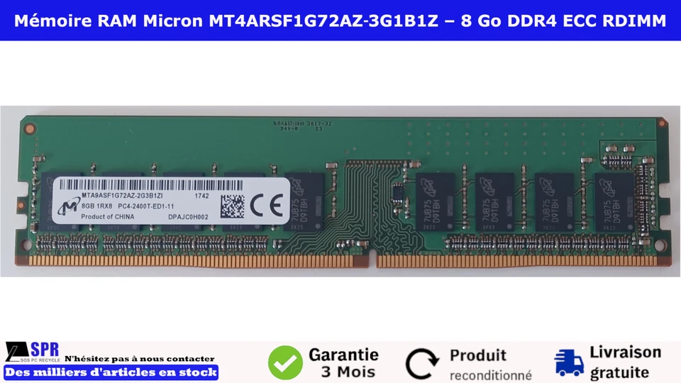 Mémoire RAM Micron 8 Go DDR4 ECC RDIMM - 2400 MHz - CL 17 - MT4ARSF1G72AZ‑3G1B1Z - Photo 1/3