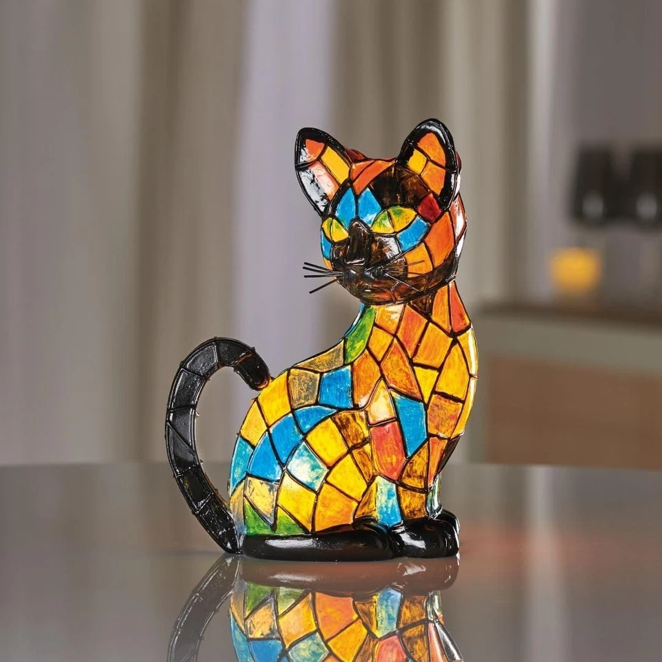 COOPERS OF STORTFORD Tiffany-Style Cat Lamp Mosaic Cordless LED Light for Home Décor and Accent Light