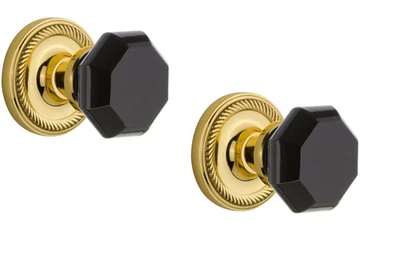 怀旧仓库绳子 Rosette Passage 华尔道夫黑色门把手黄铜 — 第 1/2 张图片