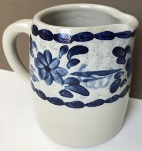 POTTERY Handpainted Stoneware Studio Art Creamer 4" Grey Cobalt Blue Glazed - Picture 1 of 11