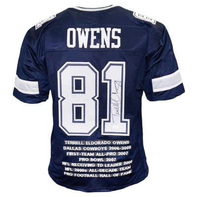 Camiseta de fútbol americano firmada por Terrell Owens Dallas Blue Stats (JSA) Foto 1 de 4