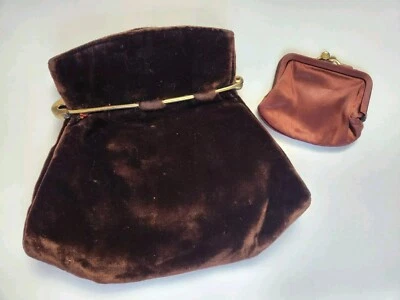 Unique Vintage Brown Velvet Pin Clasp Dance Clutch Purse & Satin Change Purse - Image 1 of 4