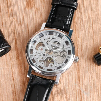 WINNER Men's Hand-winding Watch Mechanical Skeleton Watches Leather Wristwatch - Image 1 of 4