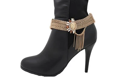 Mujer Malla Dorada Metal Cadena Bota Pulsera Zapato Sol Étnico Dije Borla Tobillera Foto 1 de 4