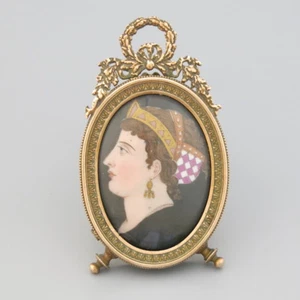 19C ANTIQUE MINIATURE GILT BRONZE FRAME LIMOGES CAMEO PLAQUE PHOTO BOMBE GLASS - Picture 1 of 7