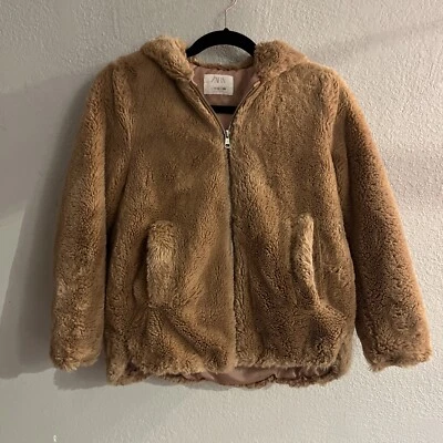 ZARA Faux Fur Coat Girls Fuzzy Zip Up Pocket Brown Bomber Hooded Jacket Sz 10-12 - Image 1 of 4