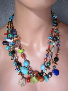 VTG NAVAJO STERLING CARVED MULTI GEMSTONE 3 STRAND HEISHI LINK FETISH NECKLACE - Picture 1 of 21