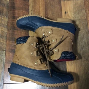 Tommy Hilfiger Damengröße 6M THROZA Leder Regen Ente Stiefel hellbraun marineblau (BB) - Bild 1 von 9