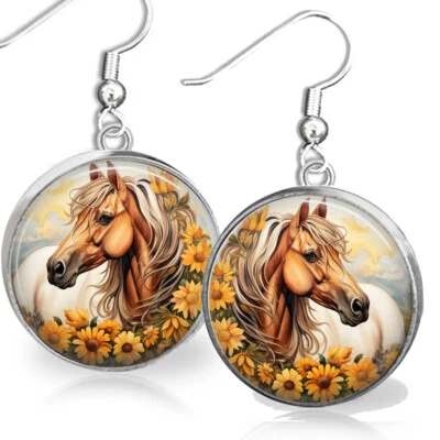 Pendientes de caballo marrón girasol impresión artística acuarela regalo para amante ecuestre .925 Foto 1 de 2