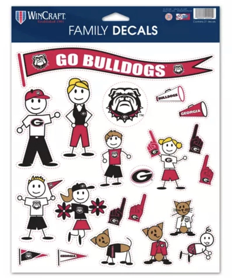 HOJA DE CALCOMANÍAS FAMILIAR BULLDOGS UNIVERSIDAD DE GEORGIA con 21 pegatinas ventana coche ¡NUEVO! Foto 1 de 1
