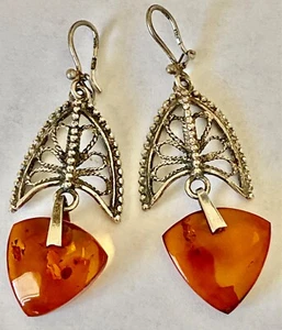 VINTAGE STERLING SILVER CABOCHON BALTIC HONEY AMBER DANGLE DROP EARRINGS  L 2.5' - Picture 1 of 5