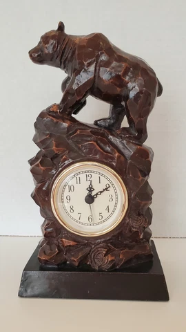 Bear Clock Faux Wood Mantle Shelf Mantle Desk Rustic Black Forest Cover