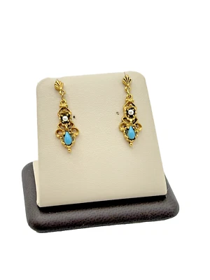 Aretes antiguos chapados en oro perlas de imitación pequeños pendientes de piedra turquesa Foto 1 de 2