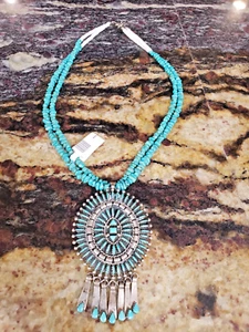 Vintage Navajo Doppelstrang Türkis & Heishi + Türkis Cluster Anhänger Halskette - Bild 1 von 6