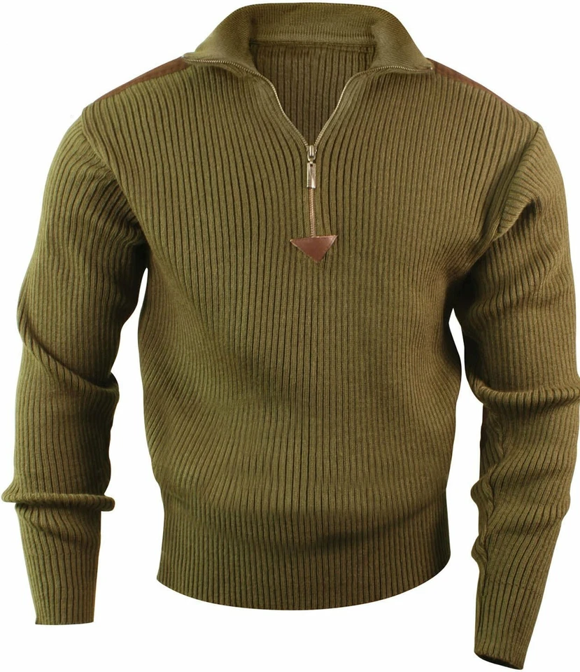 Olive Drab Acrylic Commando Military Quarter Zip Sweater with Suede Patches - Image 1 of 1