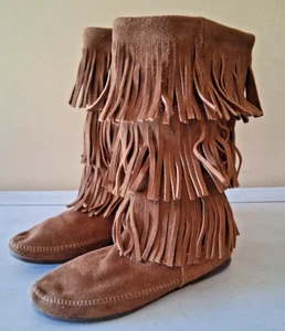 Minnetonka Moccasin 3 Layer Fringe Suede Boots Women's Size 9 Dusty Brown 1638 - Picture 1 of 9